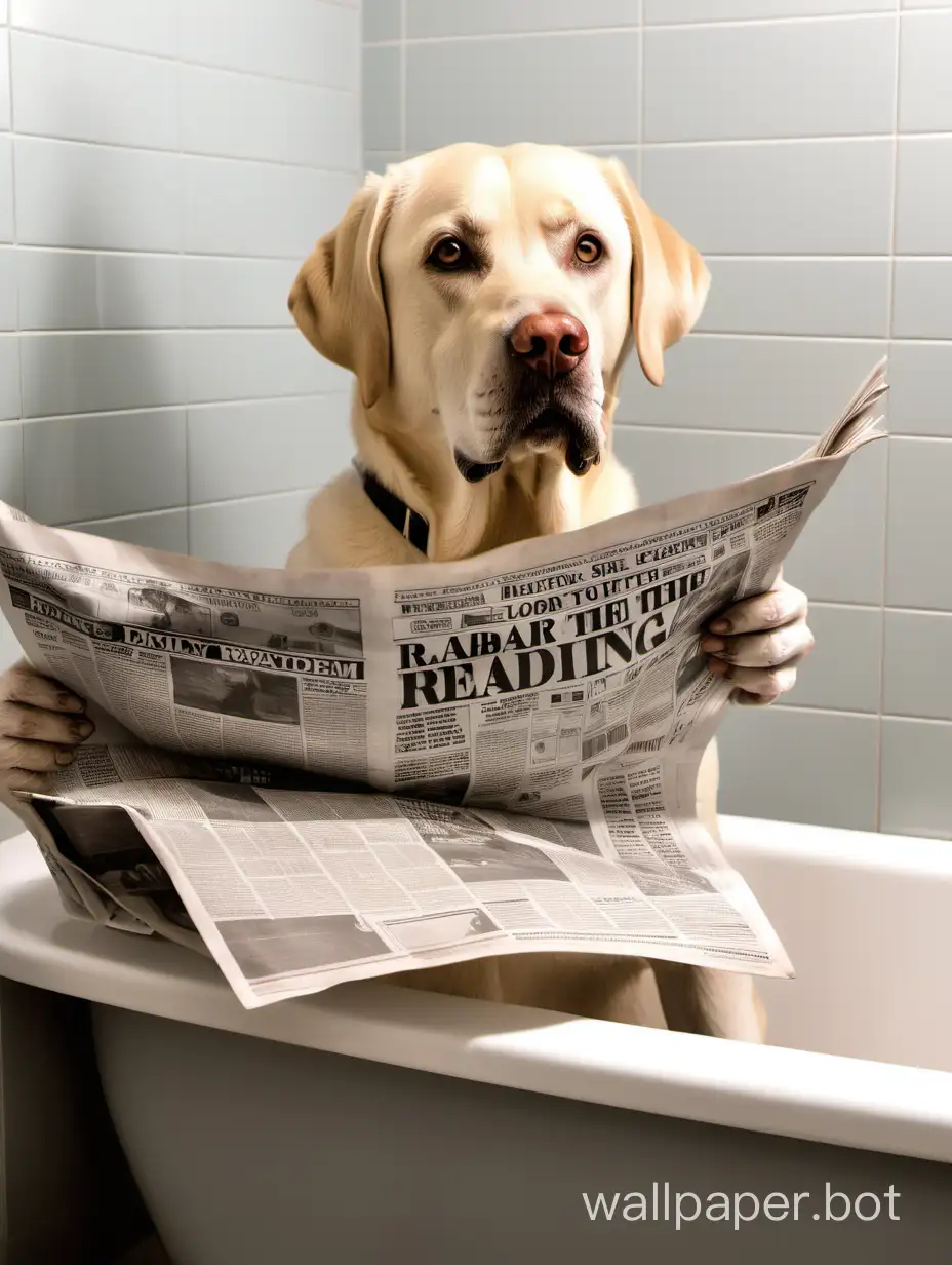 labrador reading newspaper in the bathroom