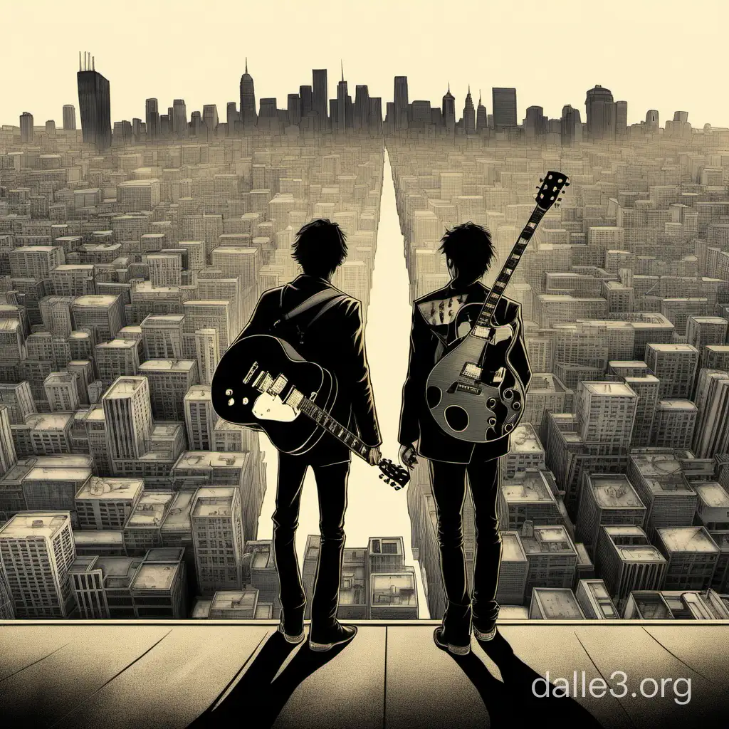 Two stand back to back, guitars on their backs, a city around them.