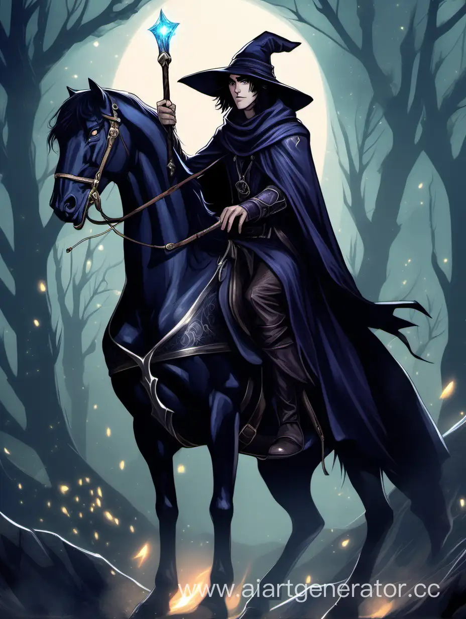 haircut caret, dark mage, fantasy style, young wizard guy with black hair and silver eyes sit on horse, black clothes, wizard, dnd, magic staff, night, wizard hat