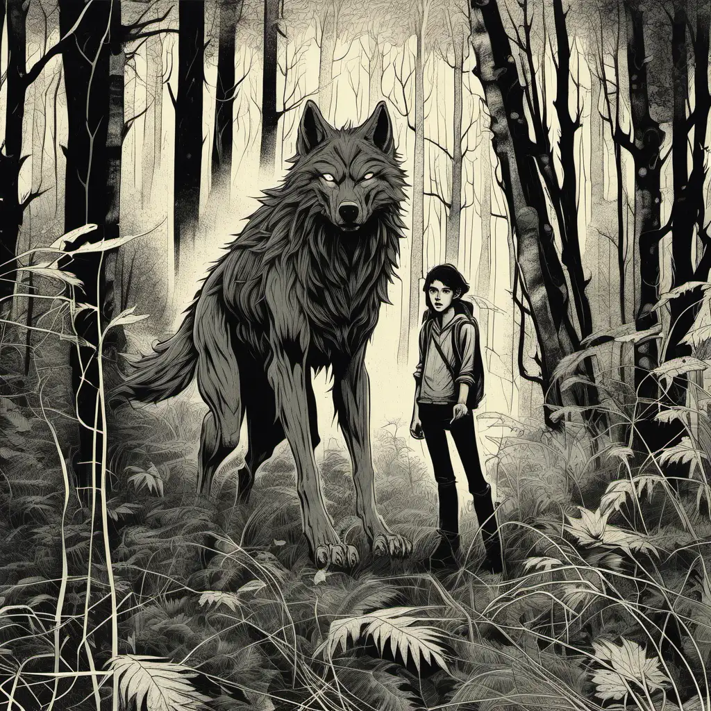 в зарослях леса два подростка и один огромный волк