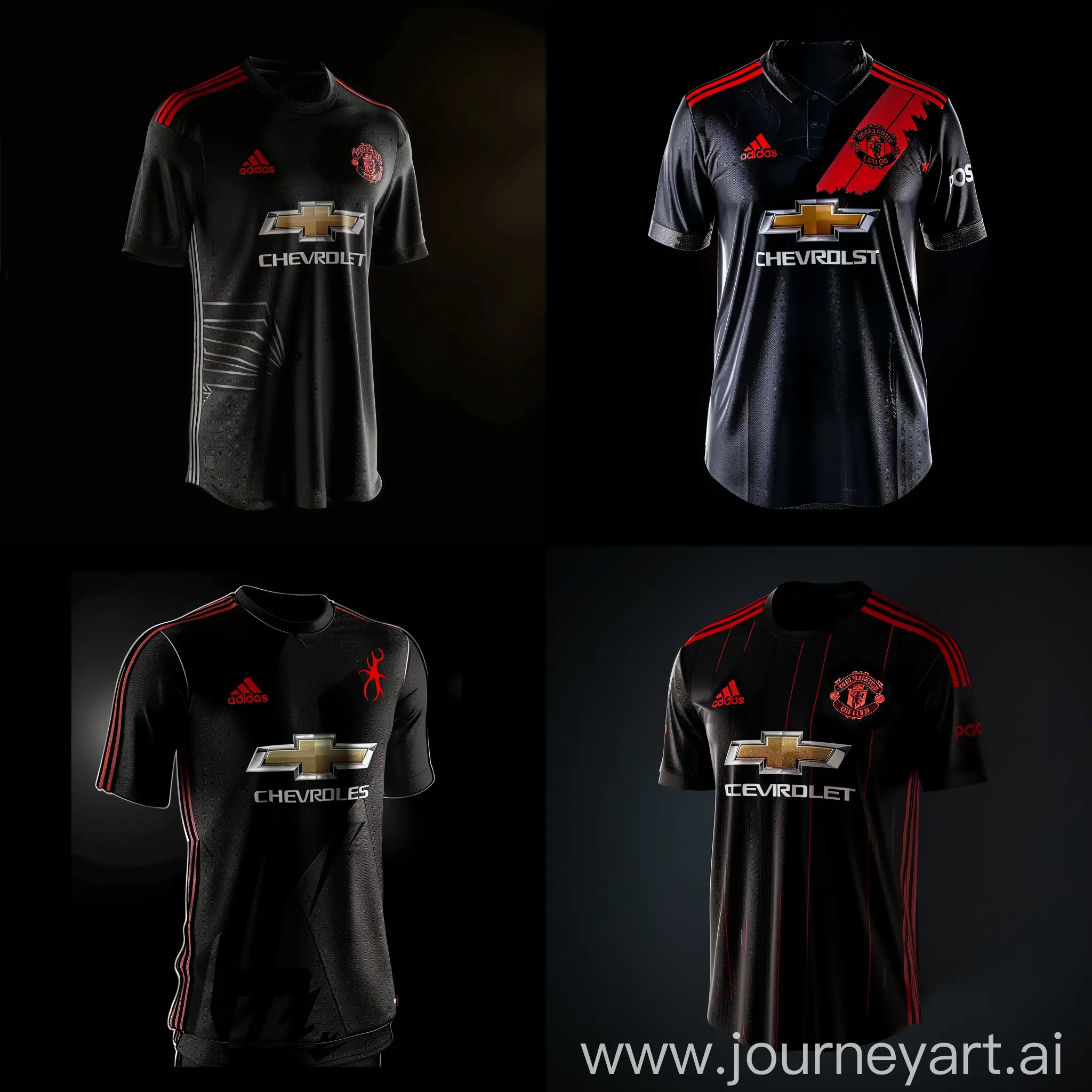 Design a All Black Prada x Adidas Designer football kit Concept for Manchester United that features Red devil Red accents
