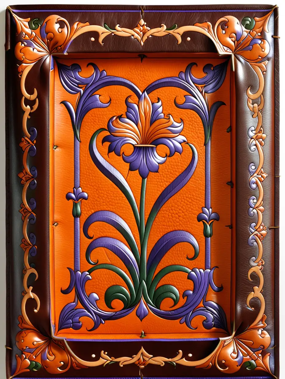 Having an exterior measurement of 6" x 8", a wide, flat, rectangular frame of leather with an arabesque opening. The color and design depict hyacinth.