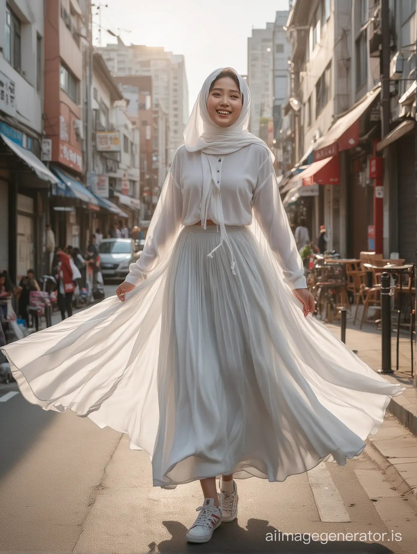 The Korean Girl is draped in flowing, long skirt, sneakers, plain patterned long hijab, low angle, smilling face, on the street, walking pose, cinematic lighting,