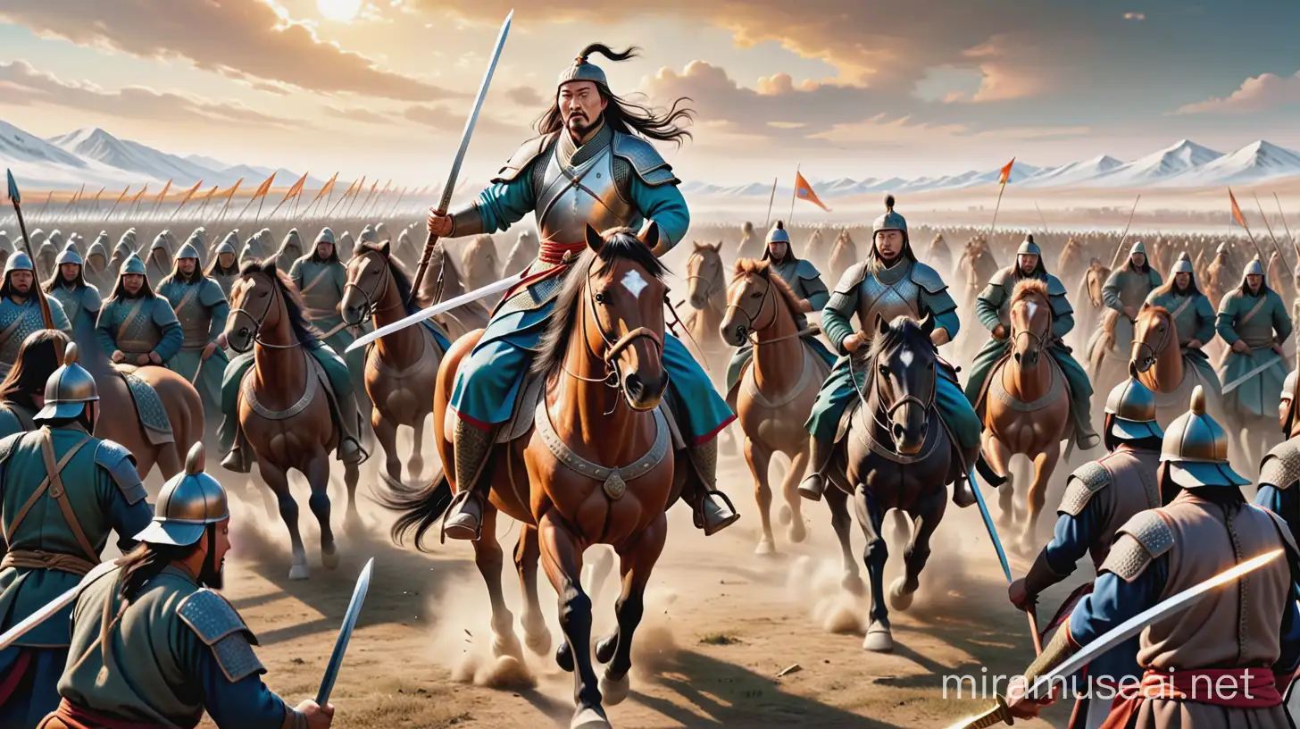 Mongolian emperor genghis khan in battlefield , genghis khan in front of his wide crowded army with a sword