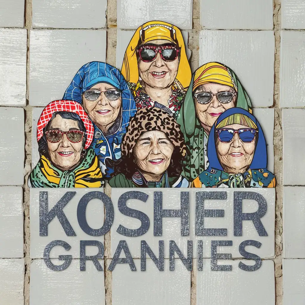 logo, Israel, yellow, blue, white, Jewish gran cool nies with Israeli colorful headcovers and sunglasses, in discrete Israeli white tiles, with the text "Kosher Grannies", typography, be used in art industry