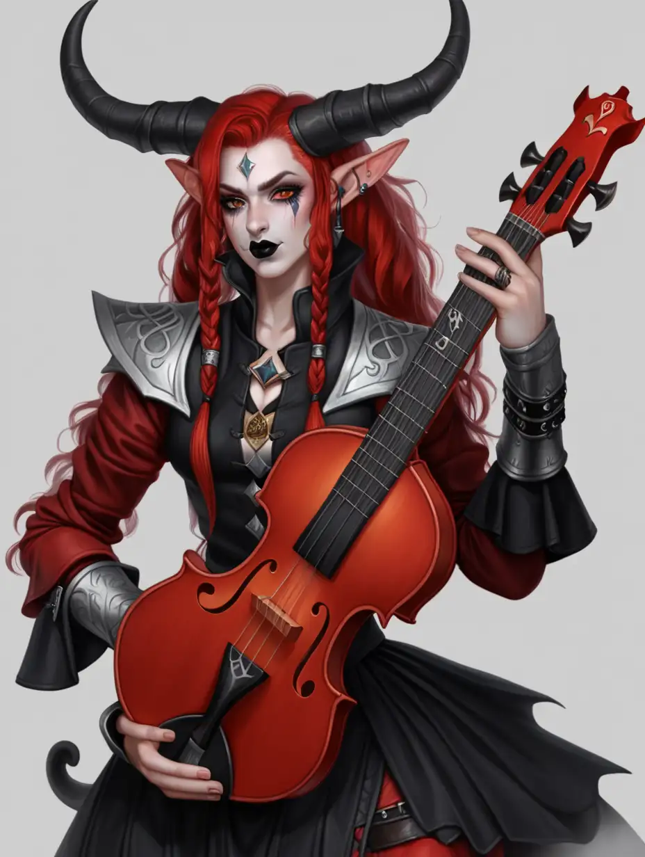 Fiery Elegance Red Tiefling Bard with Black Horns and Harpsitard