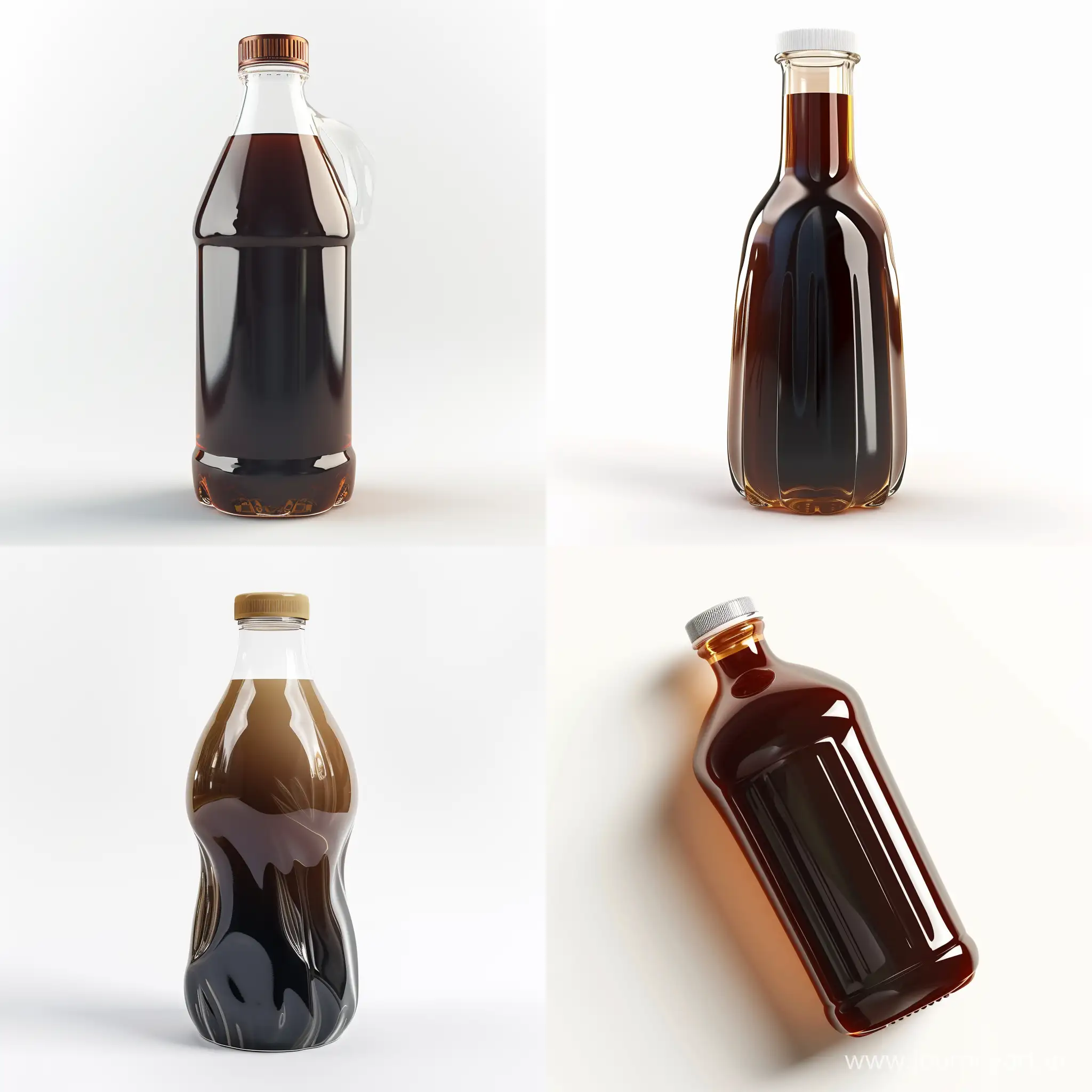 3d rotated glass bottle of cold coffee, glossy, realistic, plastic, on white background