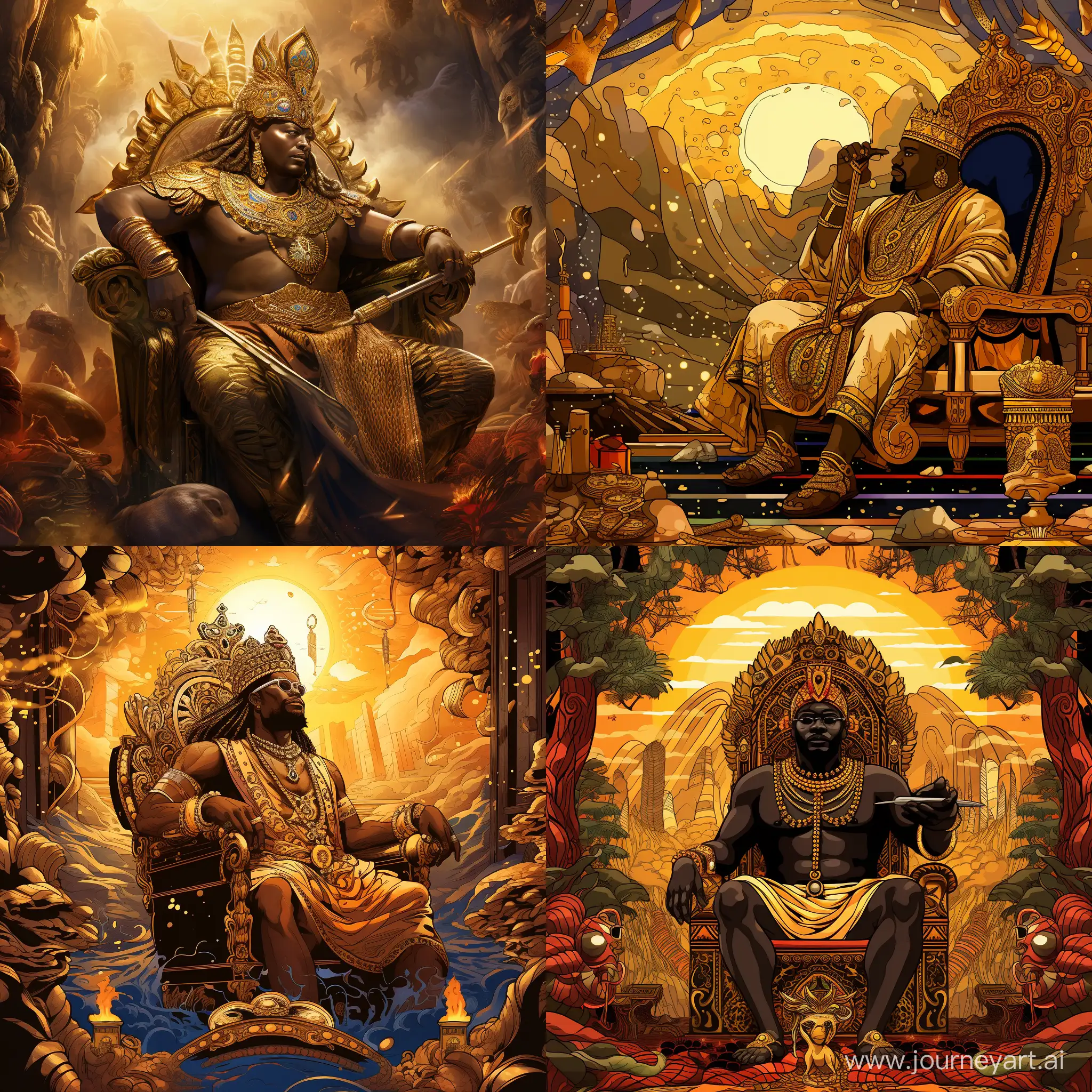 Create a detailed illustration of a majestic scene featuring a large, unattractive, obese African king seated on his opulent throne within his expansive kingdom. The king is adorned in lavish gold attire, and he is leisurely smoking a sizable gold vape. A wide shot should capture the entirety of the scene, showcasing the king's imposing presence and the grandeur of his surroundings. Additionally, include a bathtub filled with yellow slop situated next to the king, adding an element of eccentricity to the composition
