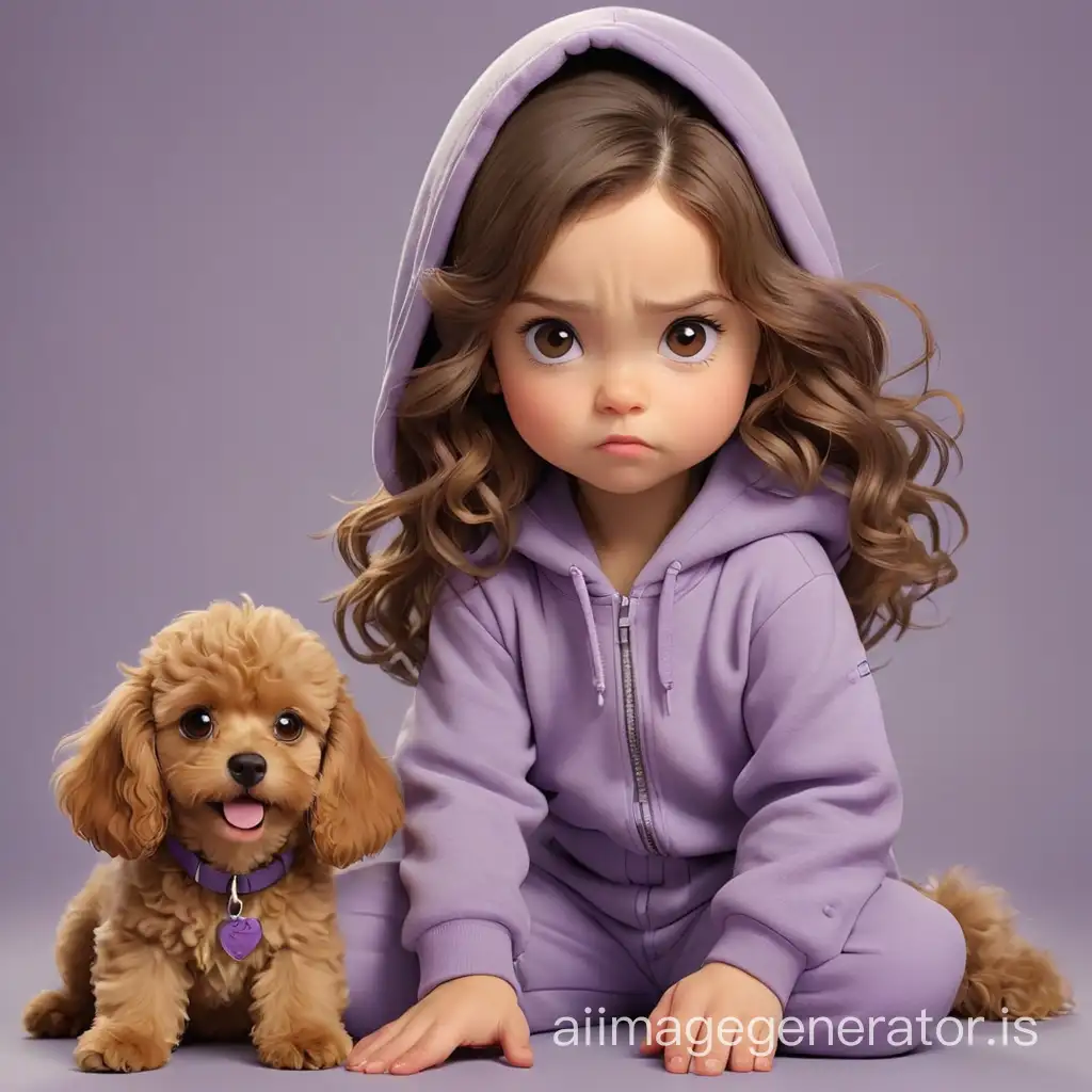 drawing in which a five-year-old girl with very long brown hair down to her waist and brown eyes dressed in a lilac jumpsuit with a hood, and next to two dogs: a peach toy poodle puppy and big adult black angry dog