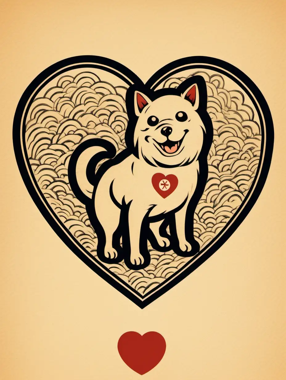 Japanese drawing of a dog inside a heart. Japanese retro style. 