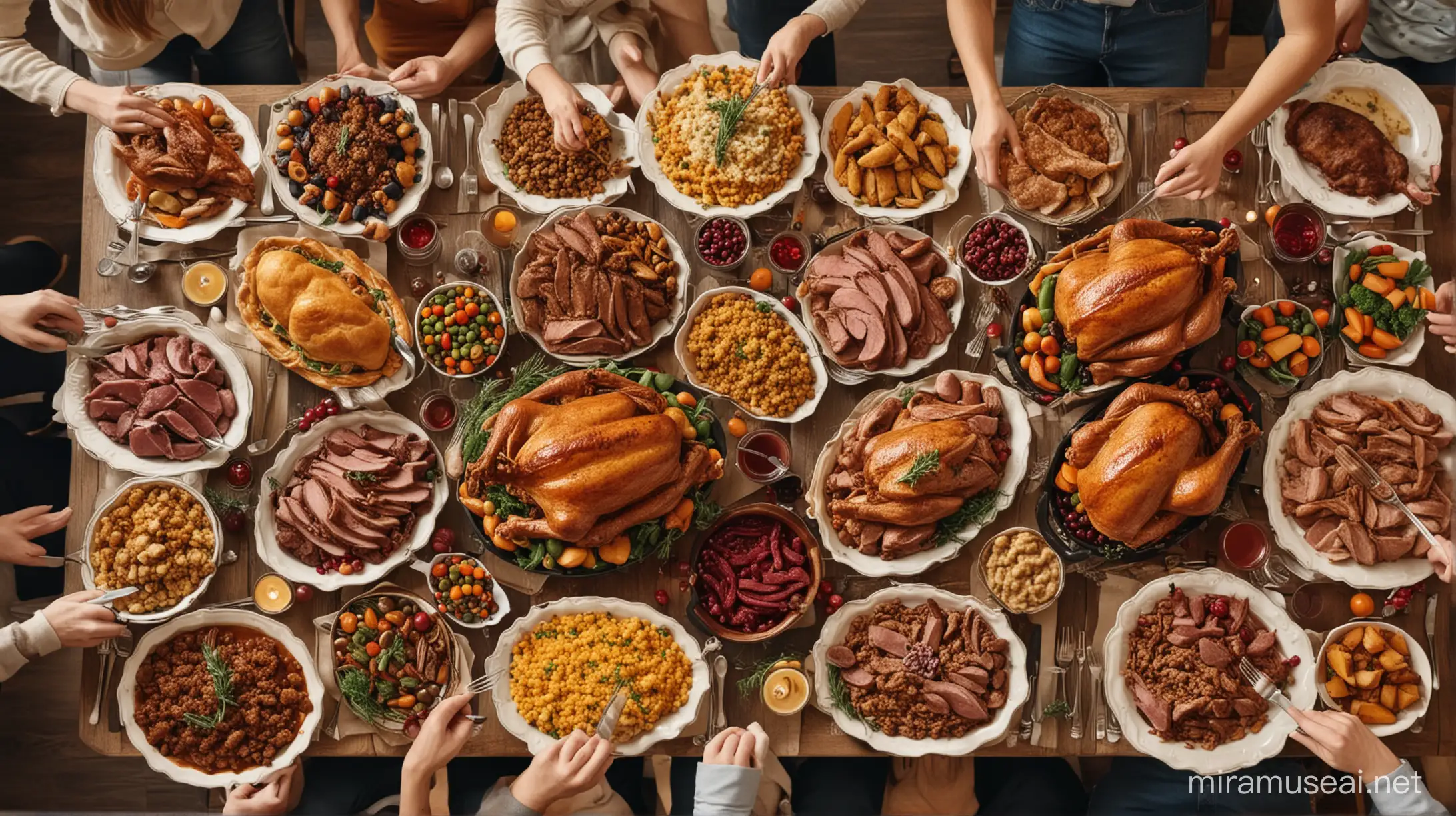 Joyful Thanksgiving Feast with Abundant Meat Dishes