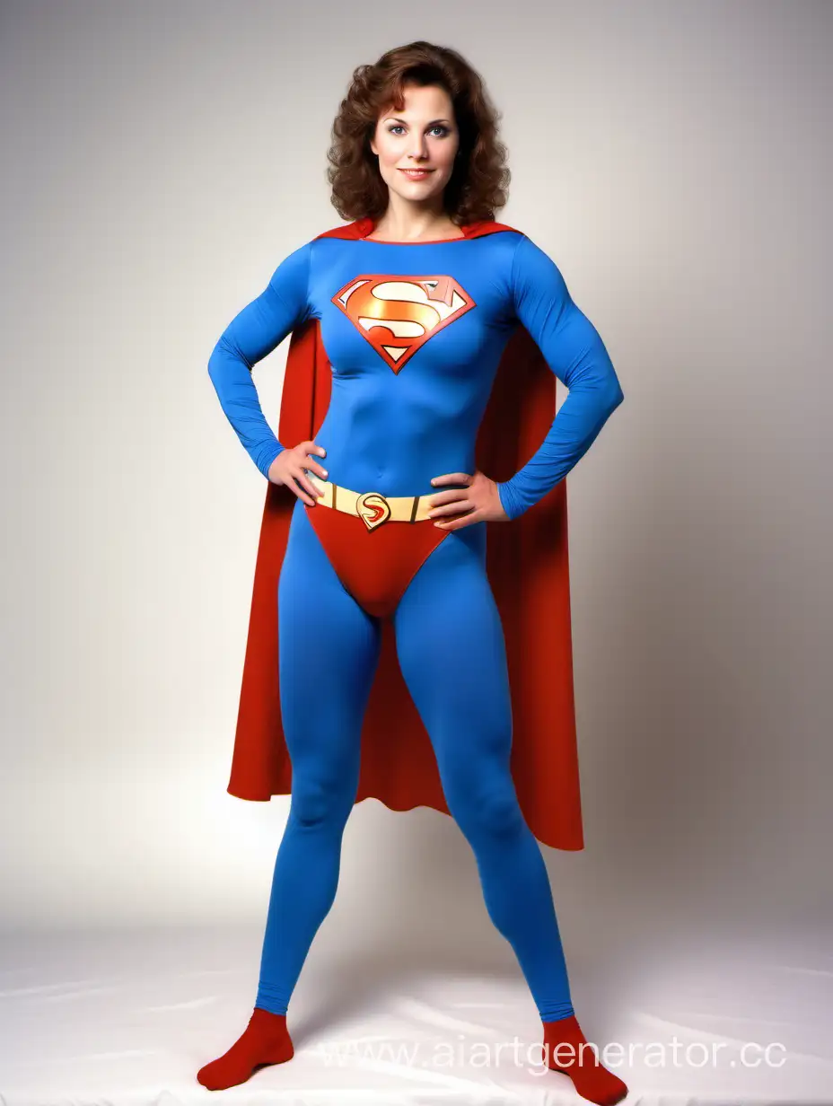 A beautiful woman with brown hair, age 36, She is happy and muscular. She is wearing a Superman costume with (blue leggings), (long blue sleeves), red briefs, and a long cape. Her costume is made of very soft cotton fabric. The symbol on her chest has no black outlines. She is posed like a superhero, strong and powerful. In the style of a 1980s movie.