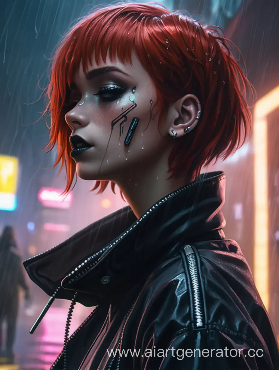 A girl with short red hair, dark makeup, black clothes smokes in the pouring rain
Cyberpunk style 