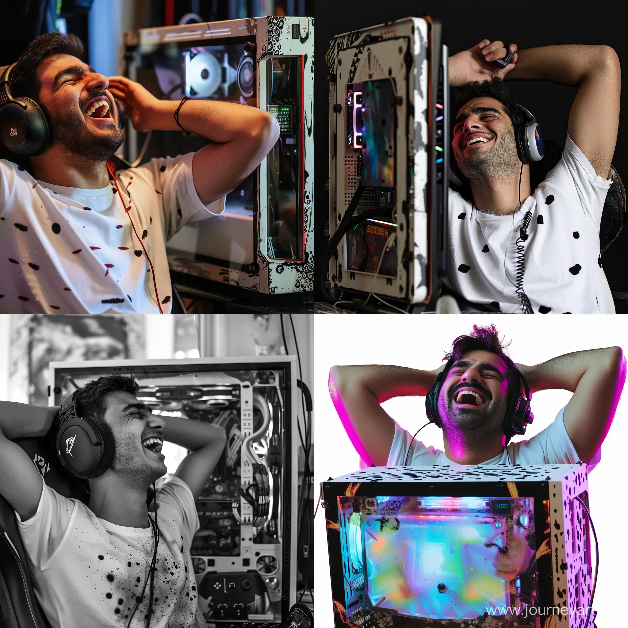 An Iranian gamer with headphones and a gaming case with a bent monitor is laughing and his hands are resting behind his head. Also, this person is wearing a white t-shirt with black spots on it.