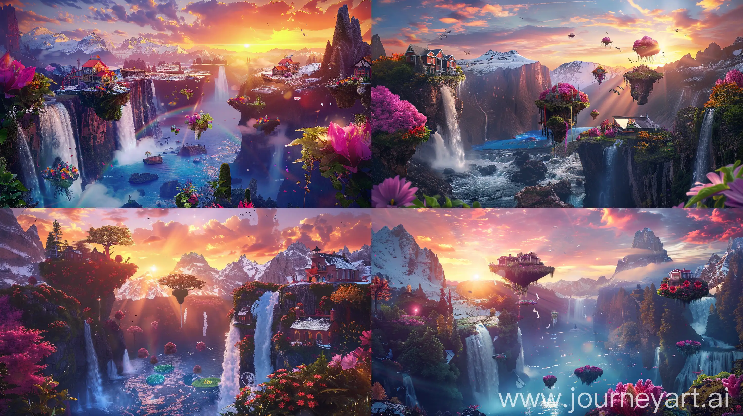 a colorful fantasy landscape with waterfalls, floating islands, strange flowers, houses inside trees. atmospheric lighting, sunset, vivid colors. sunrays. mountains with snow. very realistic, very detailed. --ar 16:9