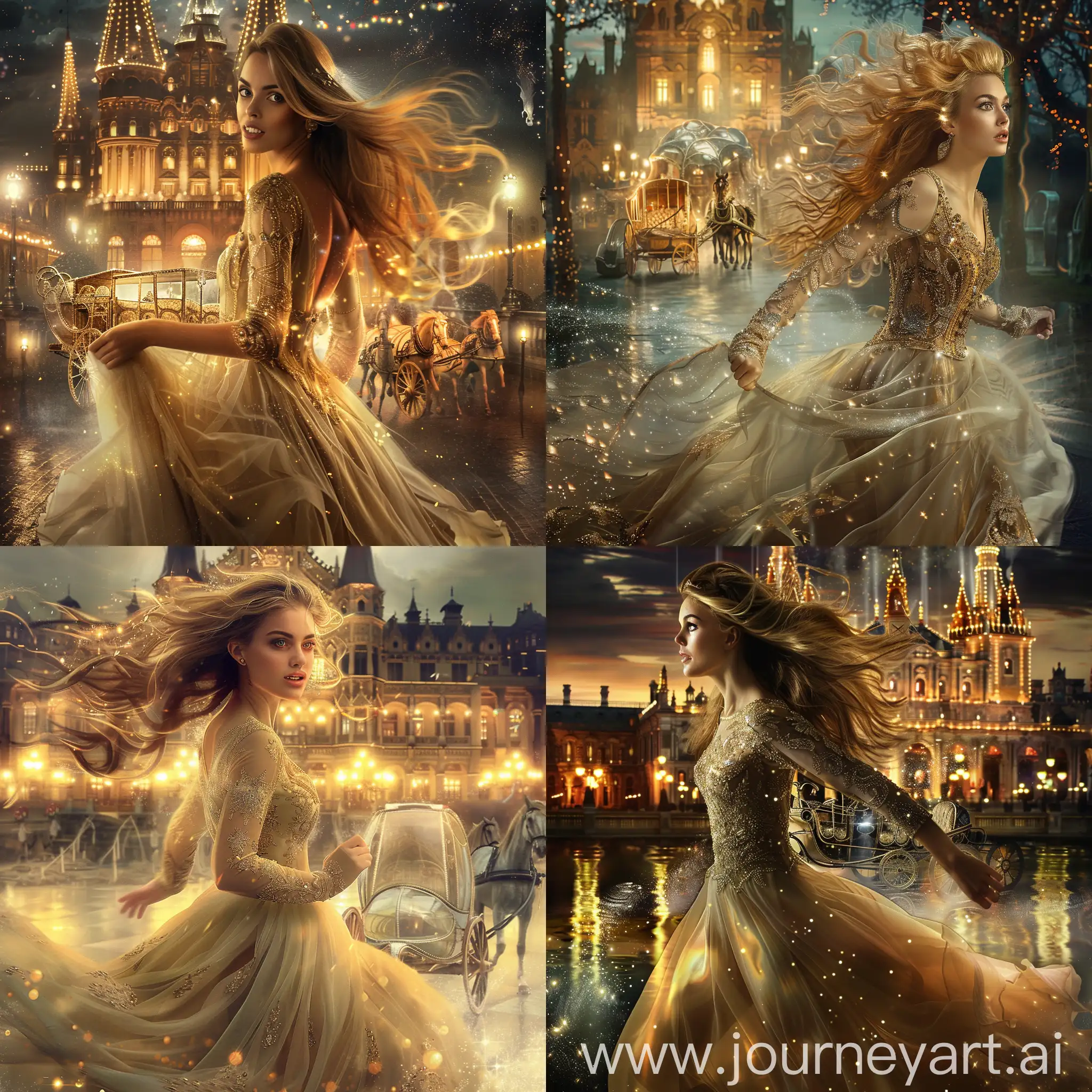 A beautiful woman with a beautiful face  long golden hair and a long Edwardian evening dress. She is running away from a ballroom. Behind her is medieval palace with lights on and a glass coach and horses outside. Beautiful magical mysterious fantasy etheral 