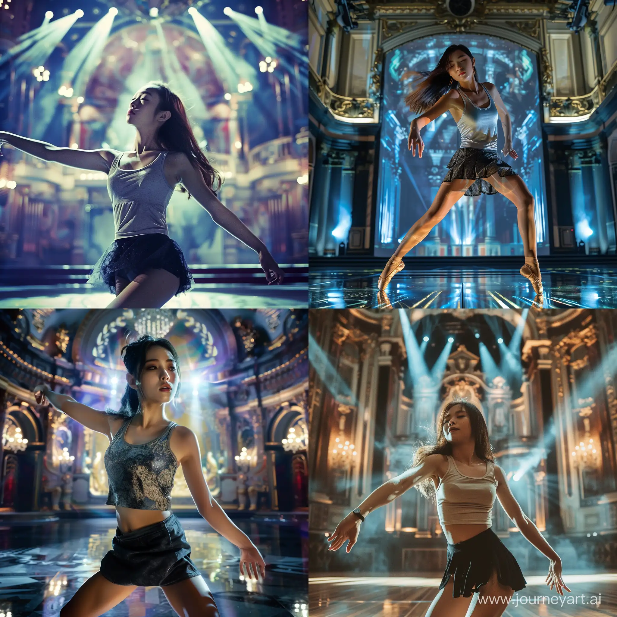 A high shuttle speed photo of an Asia girl doing modern dance. She is wearing tank top and mini skirt.  The background is a grand stage with fancy lighting 