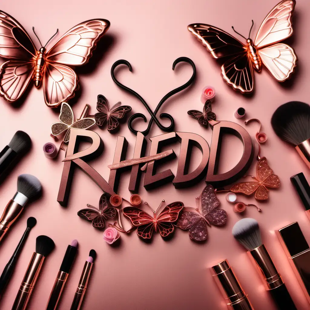 Create an image of the name "Rhedd' with a rose gold and smoke background with intertwined rose gold makeup supplies, colorful butterflies and flowers