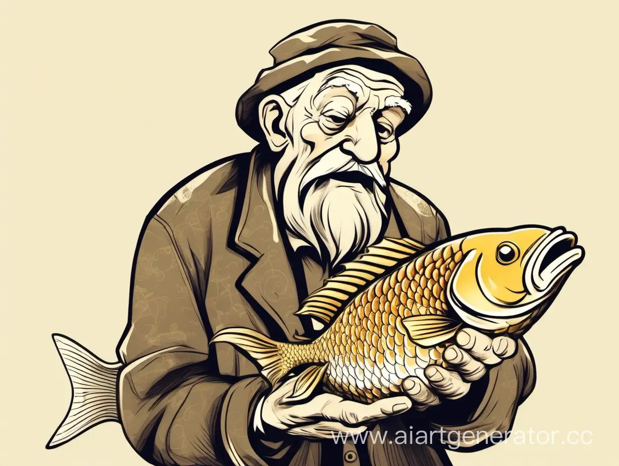 Старик держит в руках золотую рыбку. В стиле нарисованной карикатуры