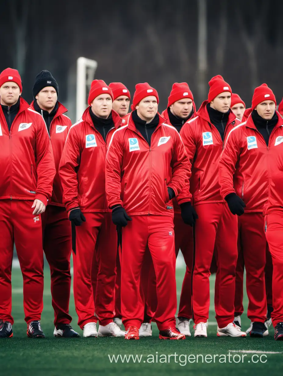 Football-Team-with-Black-Caps-in-Red-Jackets