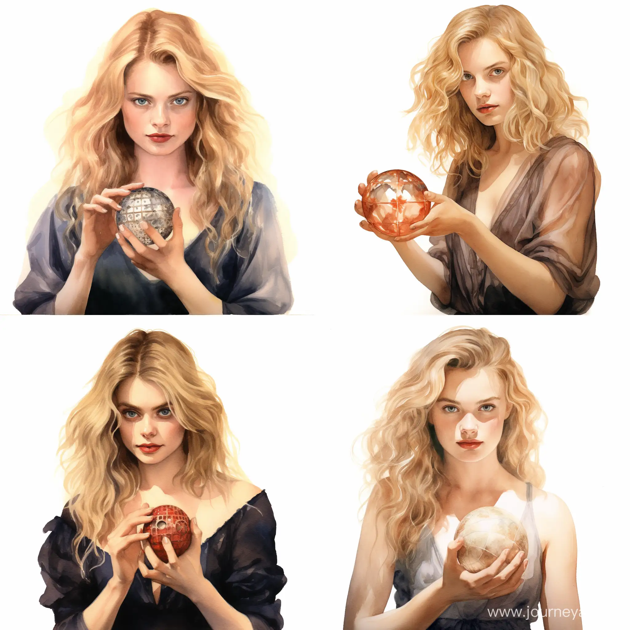 Young women, blond hair, holding a magic ball, watercolor