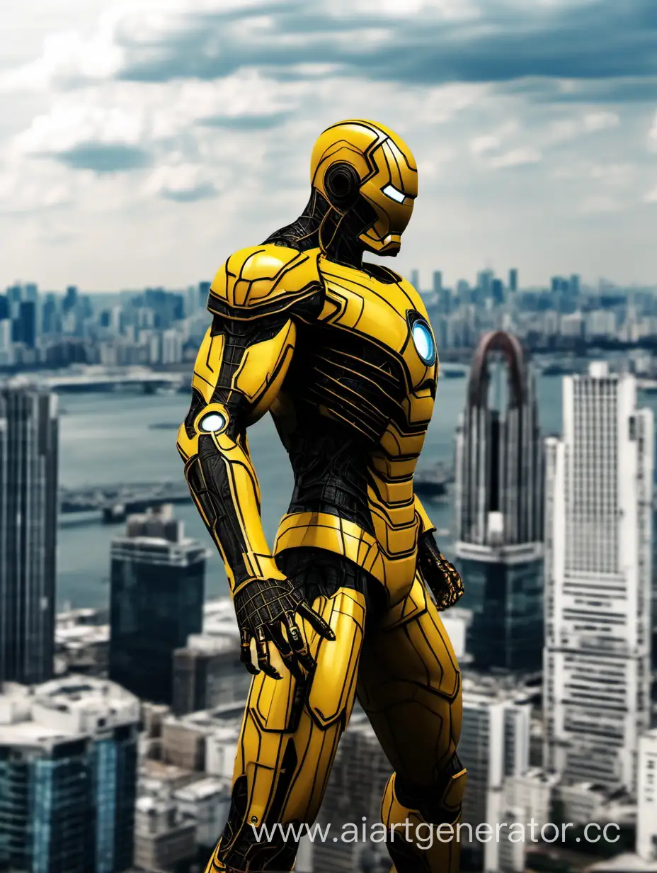 Жёлтой черный железный человек паук. На фоне огромного города.
