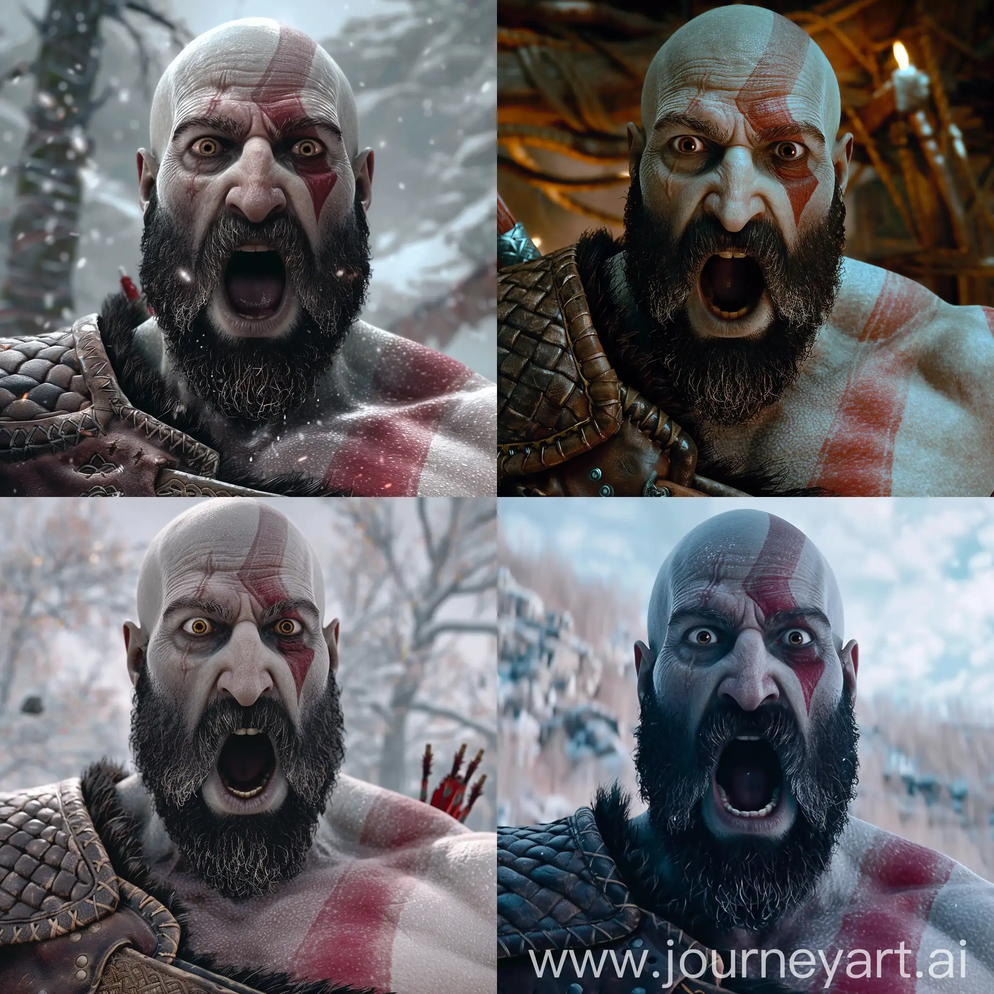 Close up de Kratos (personagem do jogo God of War)em expressão de espanto (olhos arregalados e boca aberta) por uma situação embaraçosa