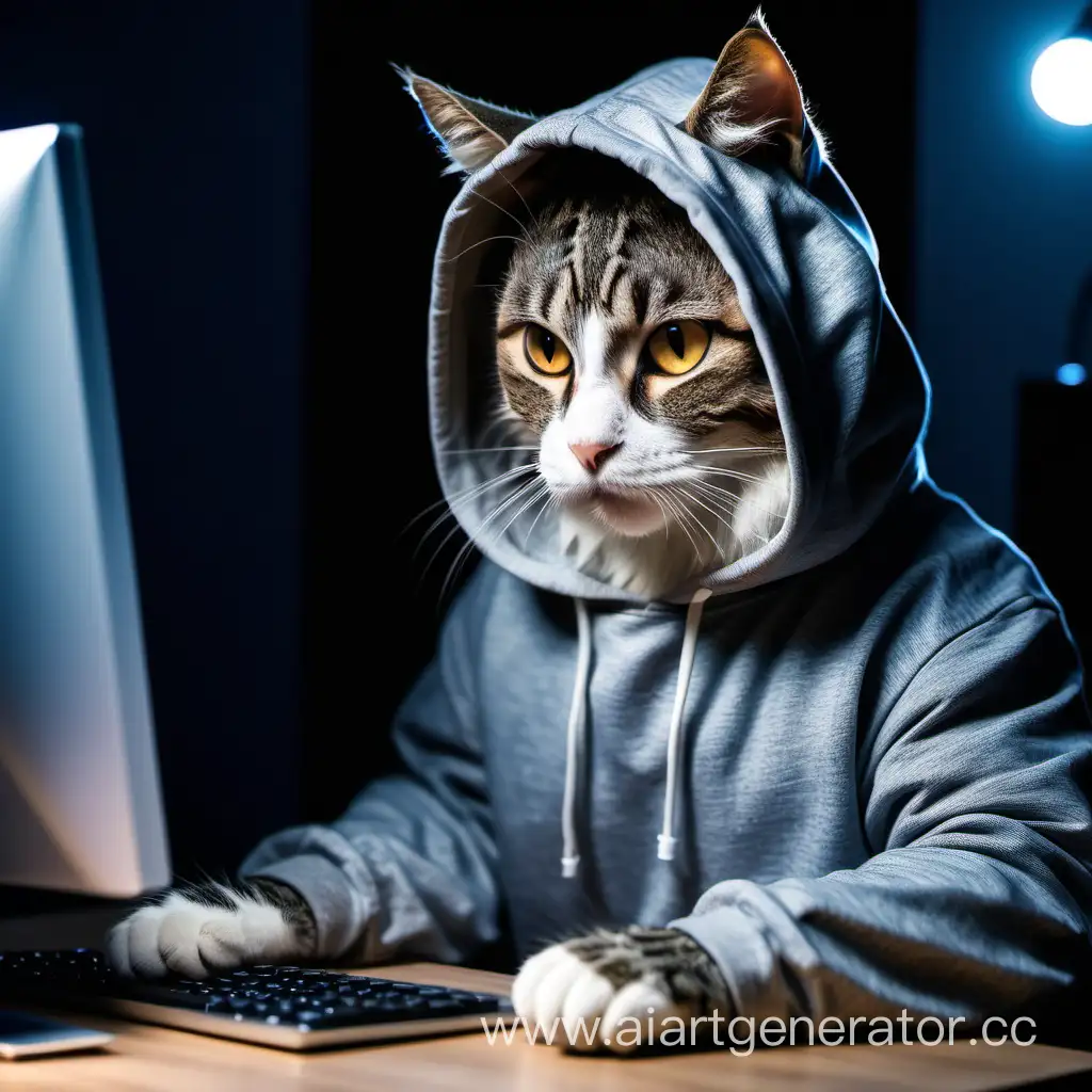 кот-дизайнер инженер в капюшоне сидит за компьютером и напряженно работает ночью