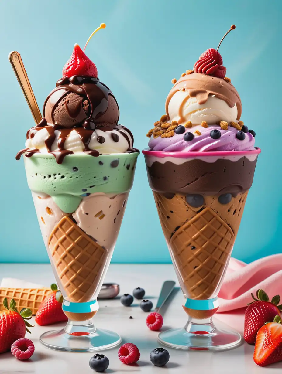 Two ice cream sundaes with different toppings and decorations.