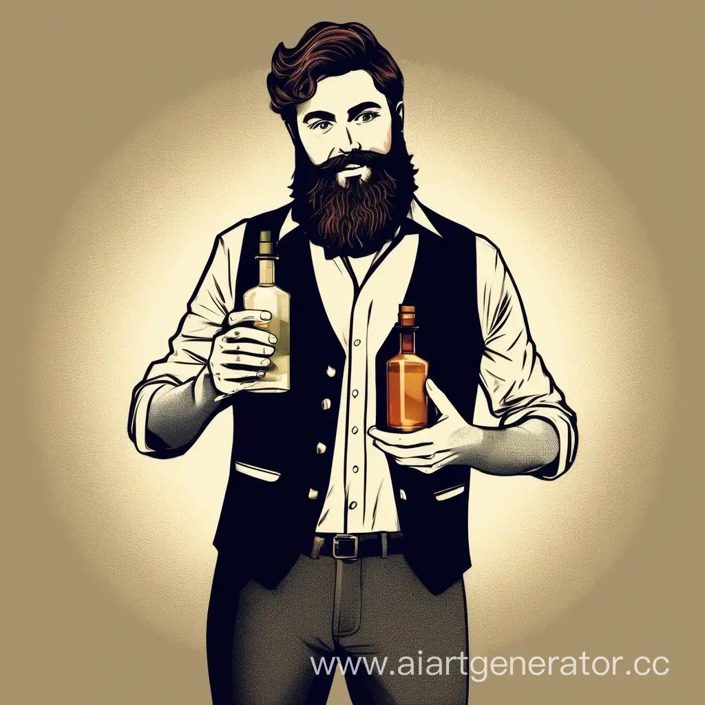 создать бородатого молодого мужчину, держащего бутылку с настойкой в руках