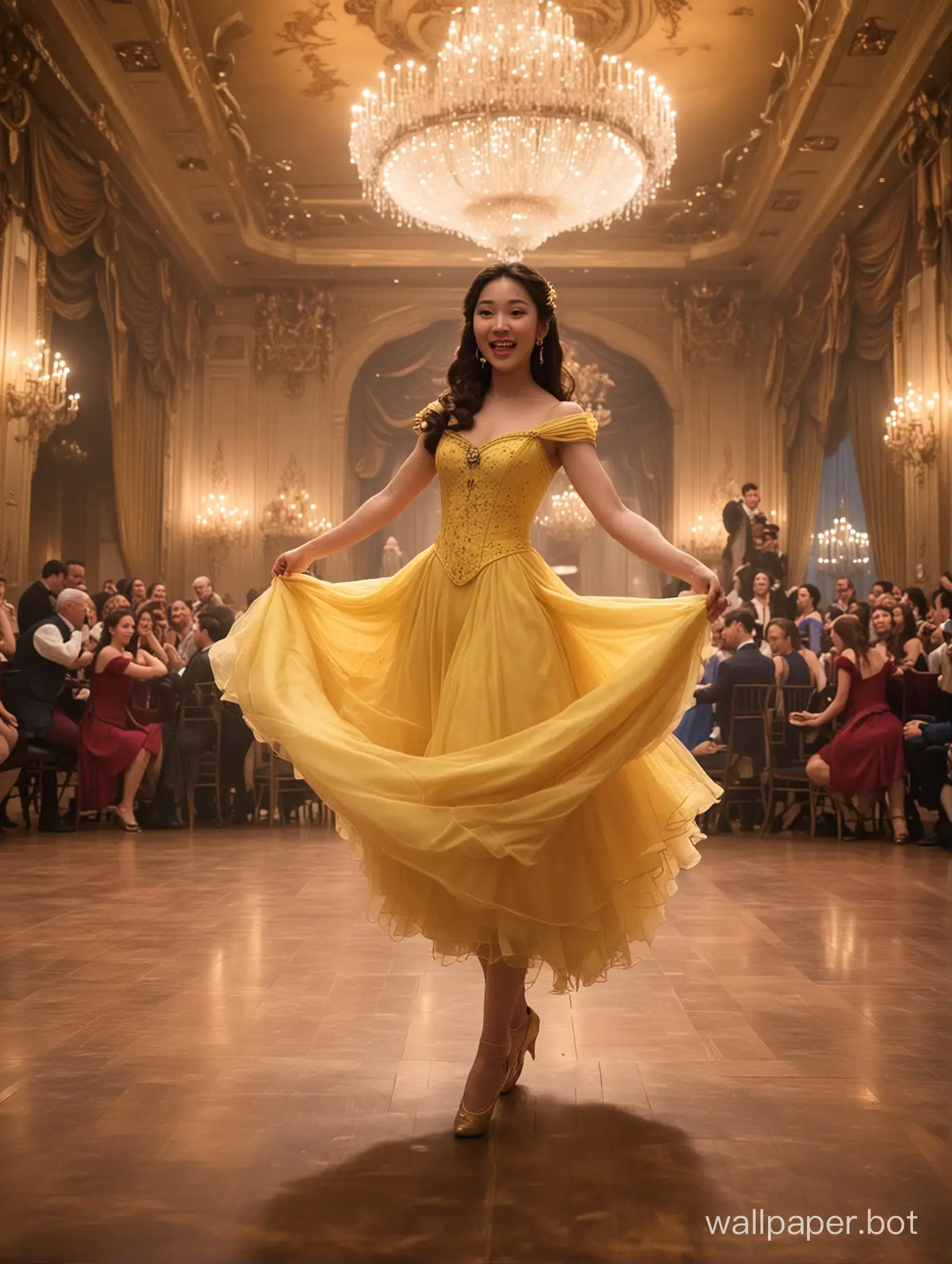 an asian 21 year old female Belle dancing in the ballroom of beauty and the beast