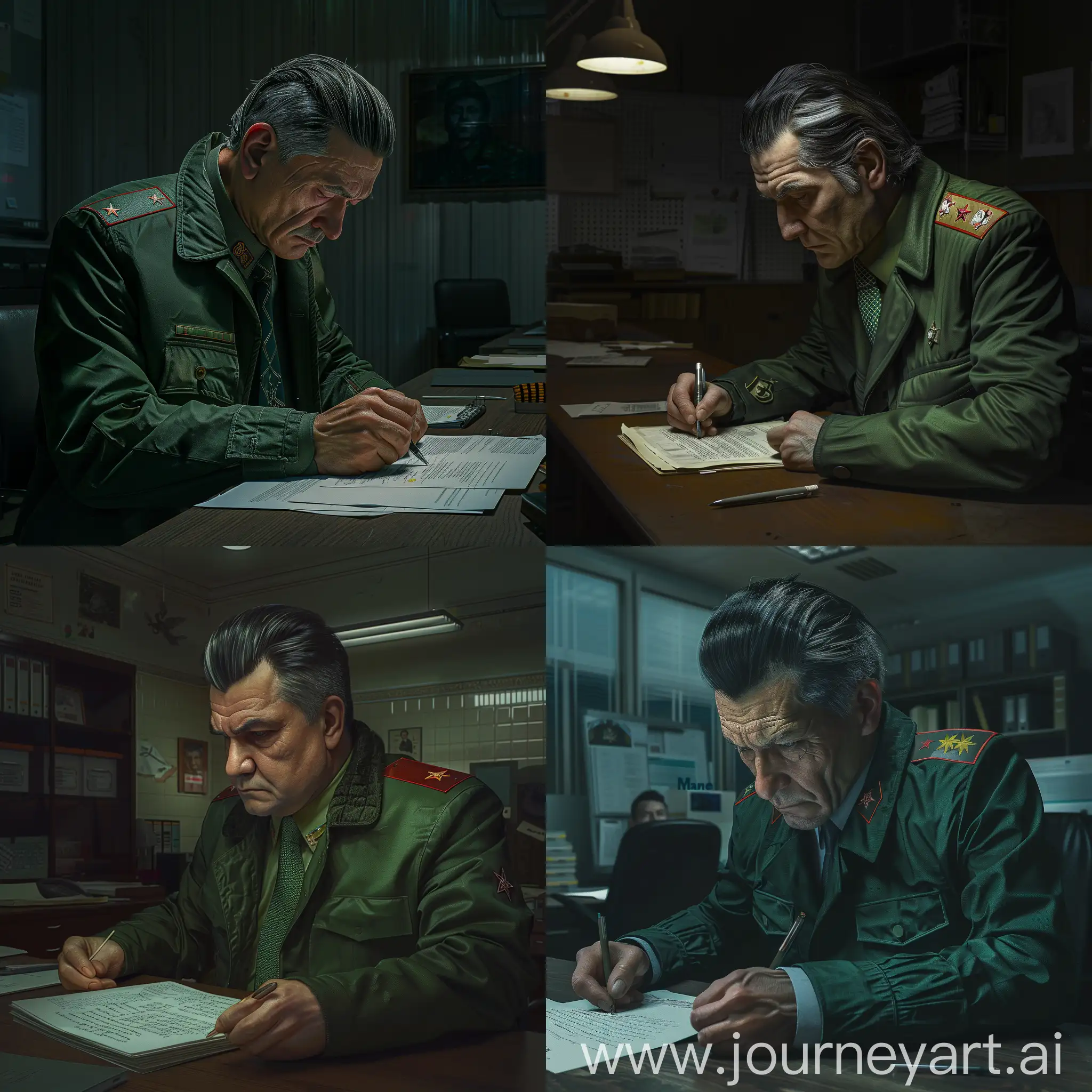 An office, gloomy lighting, a man is sitting at the end of the office, black hair with gray slicked back, wrinkles, a green jacket, a Soviet military uniform, a shirt and tie under the jacket, Man writing on paper, gloomy atmosphere, hyper-realism, 8K image quality, ultra detail