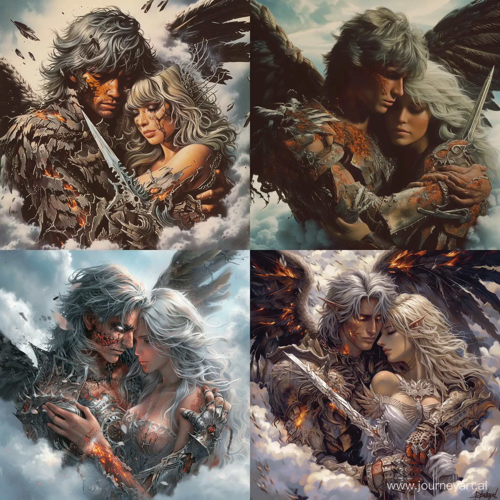 A fallen angel man with tattered, charred wings and smoldering silver hair, Eyes that glow with ethereal sadness, reflecting the pain of betrayal, Wears shattered and scorched divine armor, carrying a blade infused with both heavenly and infernal energies, being clutched peacefully by a beautiful woman angel wearing a divine armor, in a bed of clouds, 1970's dark fantasy style, grim dark, gritty, detailed