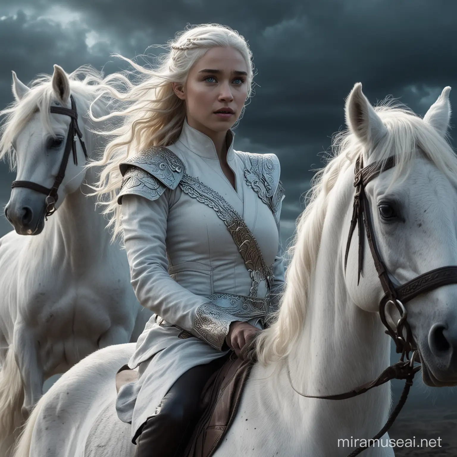 Photo of Daenerys Targaryen riding a white icelandic horse with blue eyes. Her three dragons flying above her in a dark sky