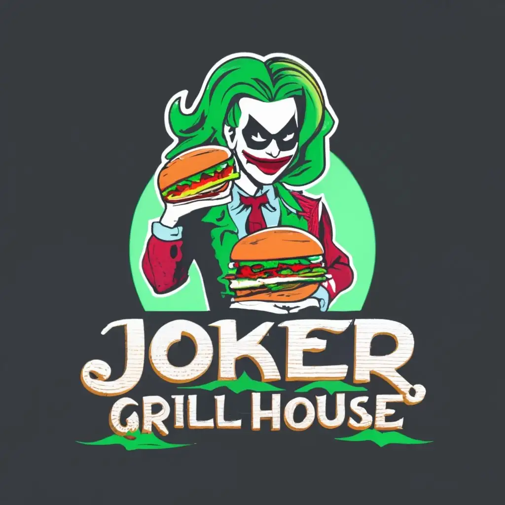 logo, Main photo Burger, and anything related to Joker Harley Quinn, with the text "Joker Grill House", typography, be used in Restaurant industry