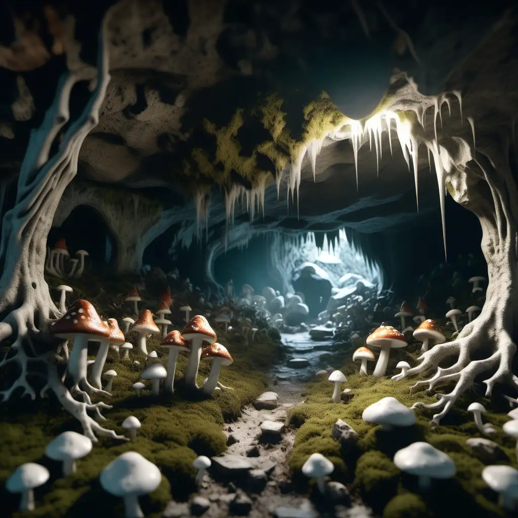 create a hyped cave in a forest landscape, bones are laying outside, troll is inside cave, moss covered trees, small rocks with mushrooms, snowy landscape, 1080p resolution, ultra 4k, volumetric lightning, high definition