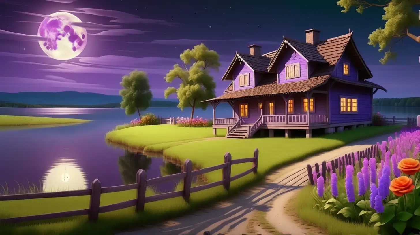 Serene Lakeside Night Charming Wooden House and Moonlit Scenery