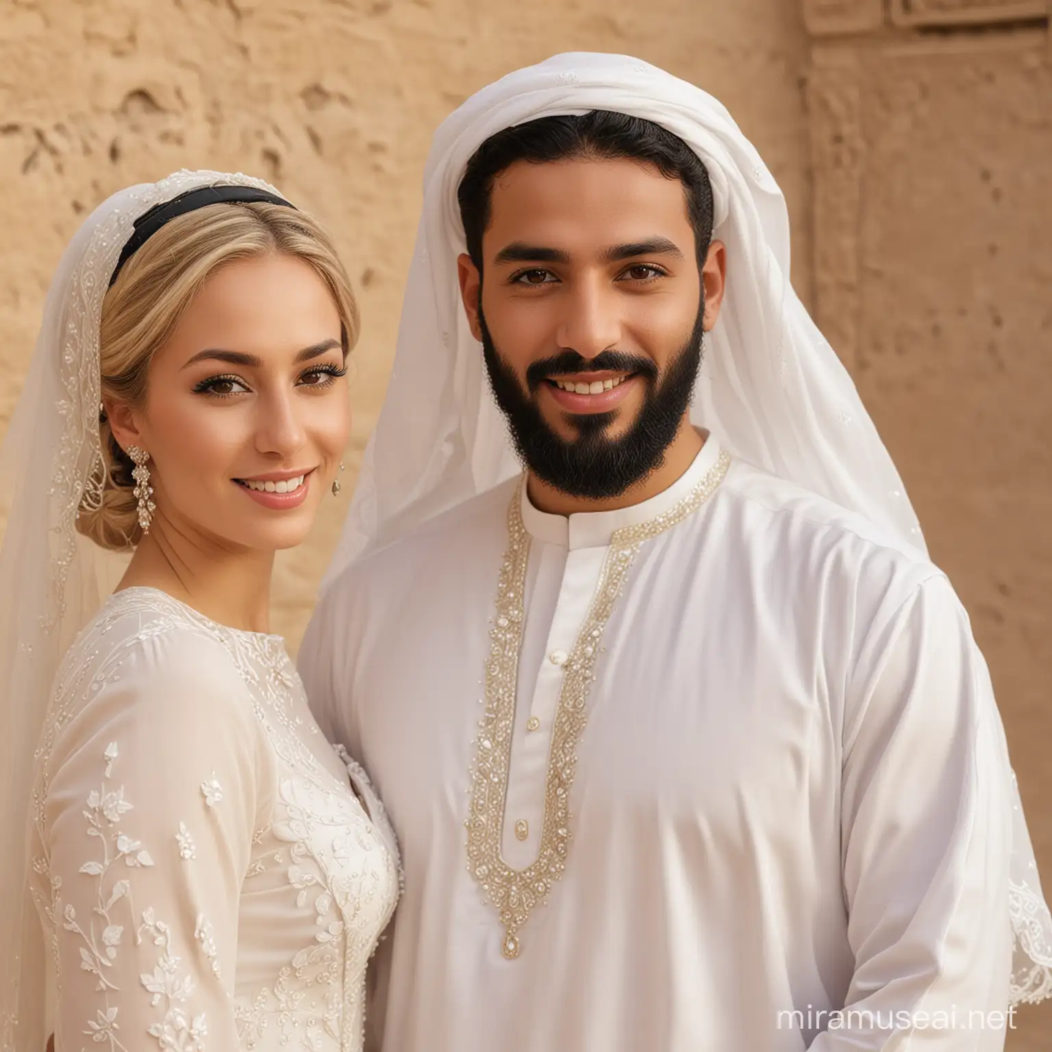 wedding photo that consists of an arab man with short trimmed beard in traditional emirati attire, and a blonde woman with very light skin, wearing a wedding dress
