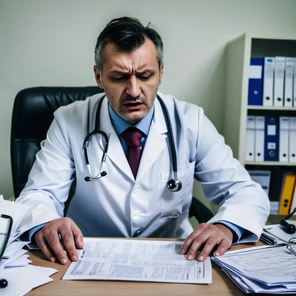 overwhelmed romanian doctor in office with papers