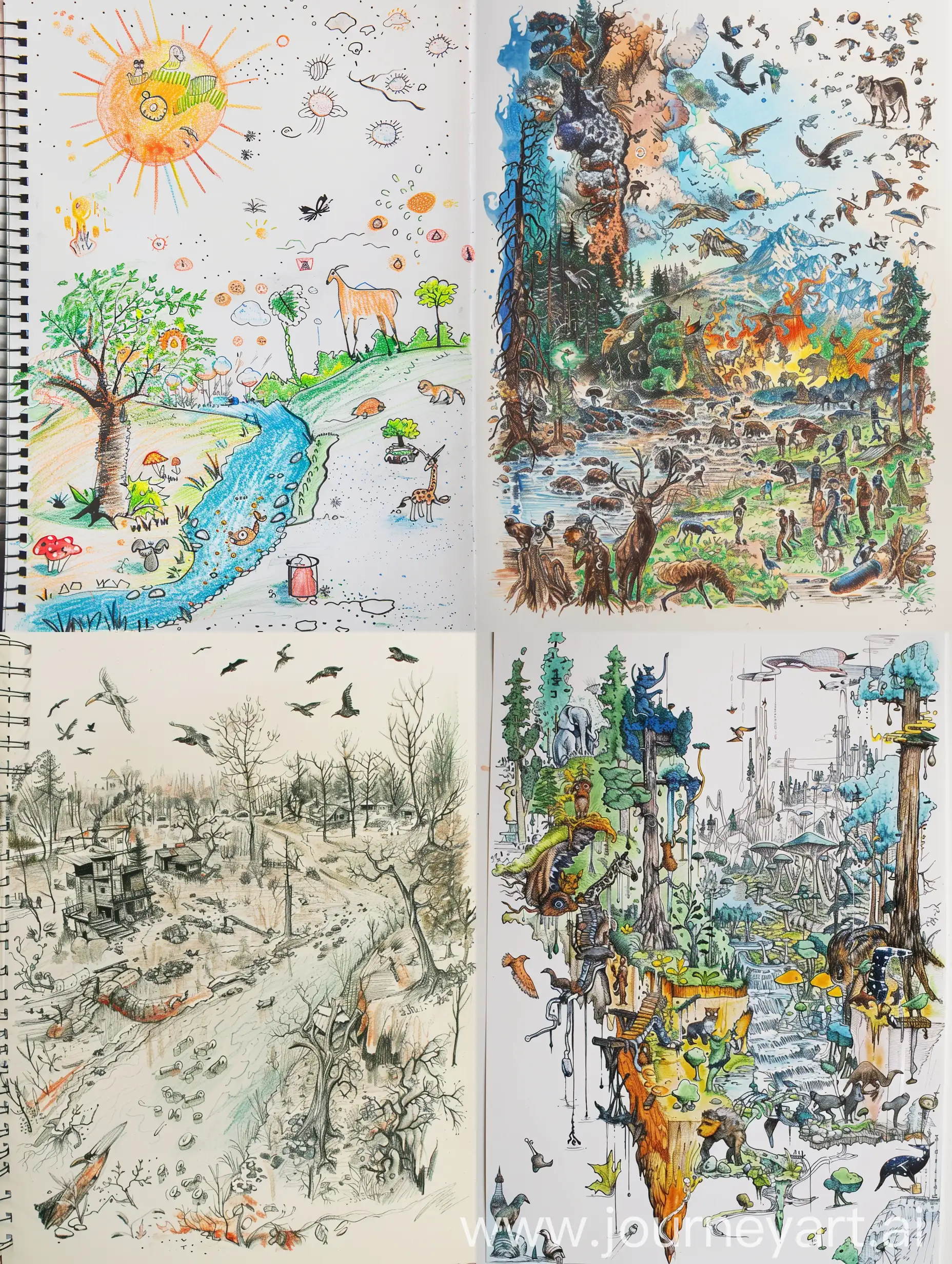 A rapid drawing about the positive and negative effects of human activities on habitats and nature that is suitable for drawing in a drawing book and fills the page.