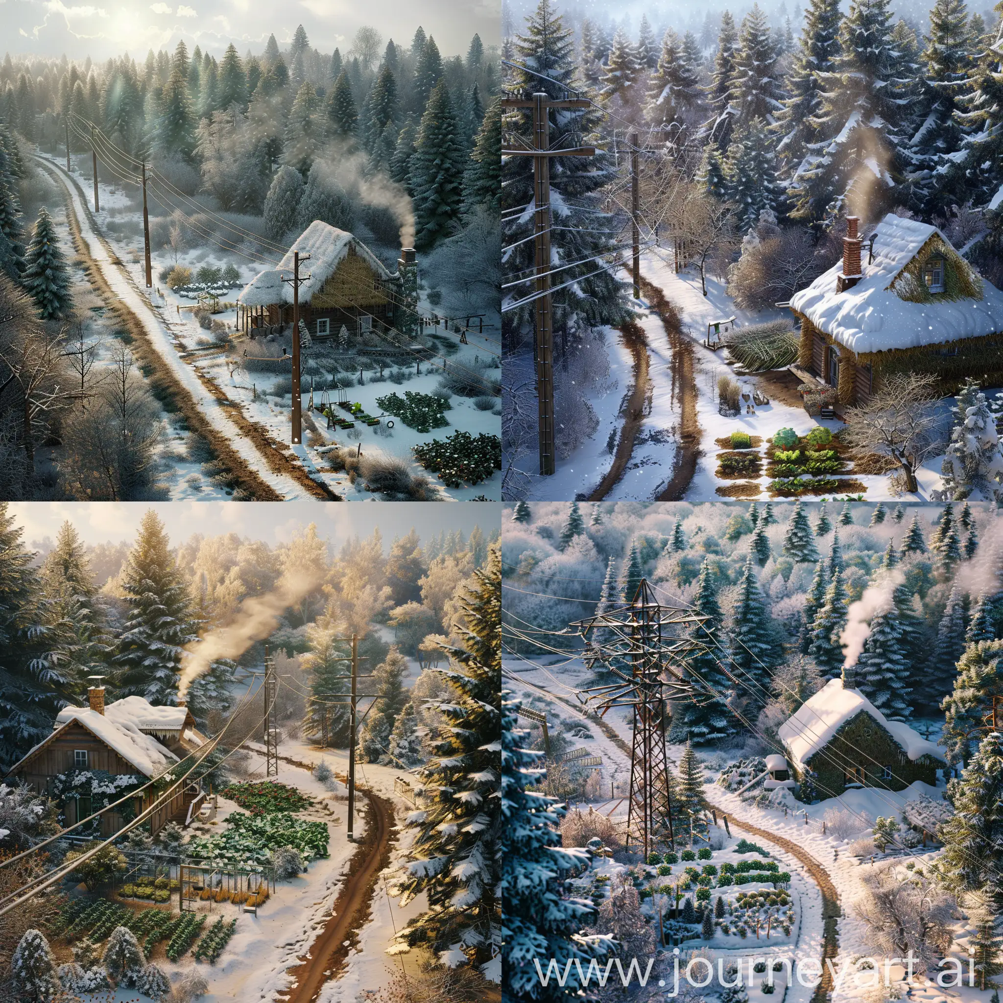 Winter-Wonderland-Cozy-SnowCovered-Cottage-Amidst-Coniferous-Forest-with-Power-Lines-and-Vegetable-Gardens
