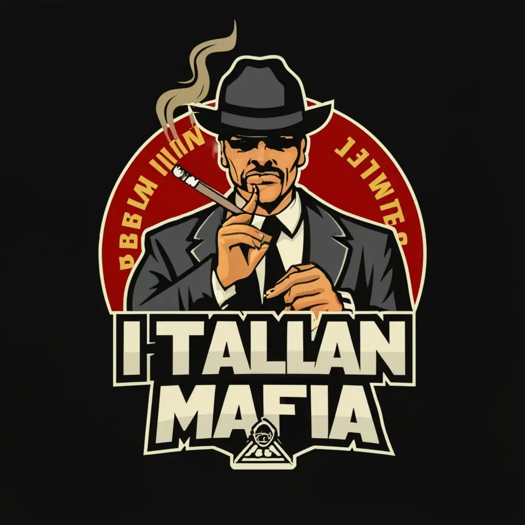 a logo design,with the text "ITALIAN MAFIA", main symbol:A BLACK MAFIA BOSS SMOKING CIGARETTE,HOLDING A GUN,Moderate,clear background