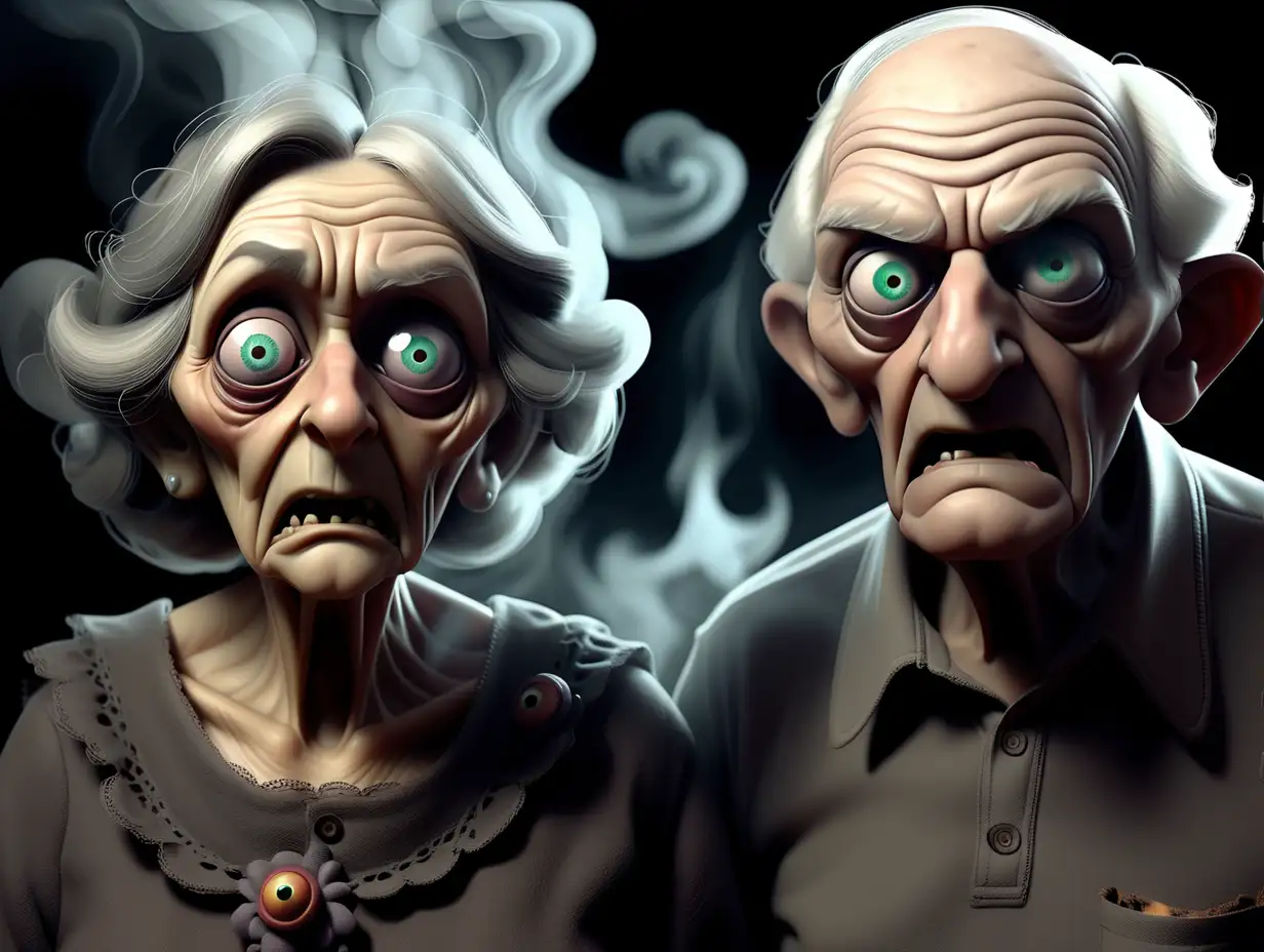grandmother and grandfather in the dark in the smoke look at the viewer with burning horror eyes. Fary tale,—ar 5:7 —v 6
