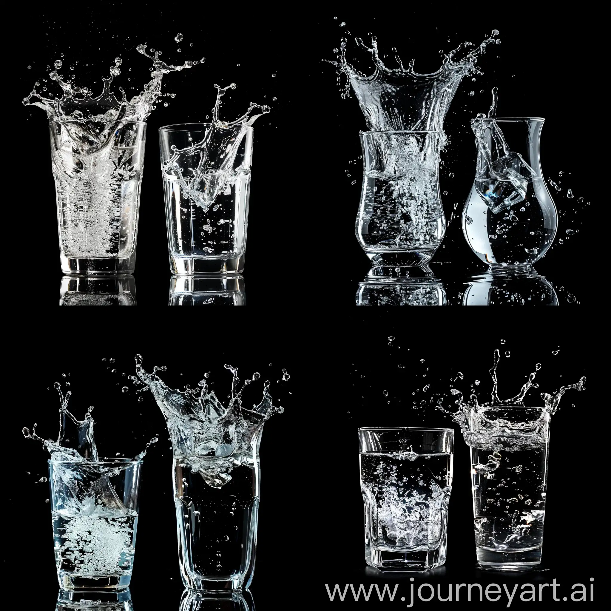 Питьевая вода брызги в стакане и бокале, разные виды 