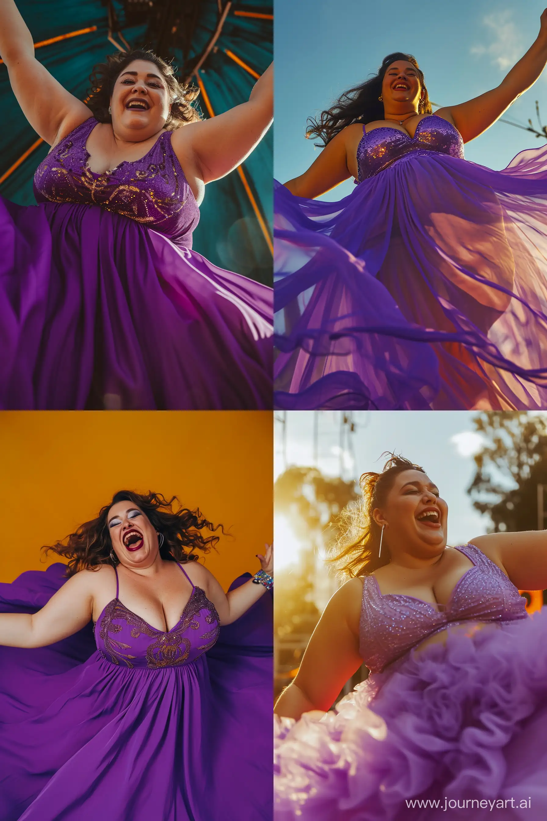 Photo of an overweight woman on purple dress having fun at a Heavy Metal gen x event in Córdoba, Argentina, at 10 am on January 10, 2023, selfie pov, golden hour, deep focus, 35mm, vivid colors, studio lighting, low angle --v 6 --ar 2:3
