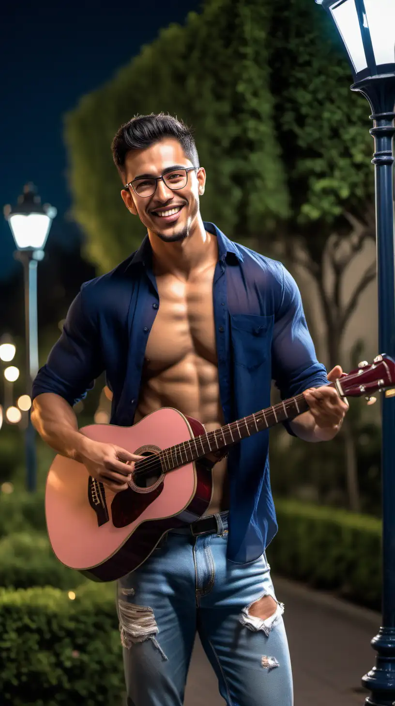 Handsome Latino play guitar in rose garden, short hair in navy blue color,  half transparent white open shirt, show hairy chest, show abs, muscular, stubbles, glasses, torn blue jeans, smiling at the viewer, night, street lamps 