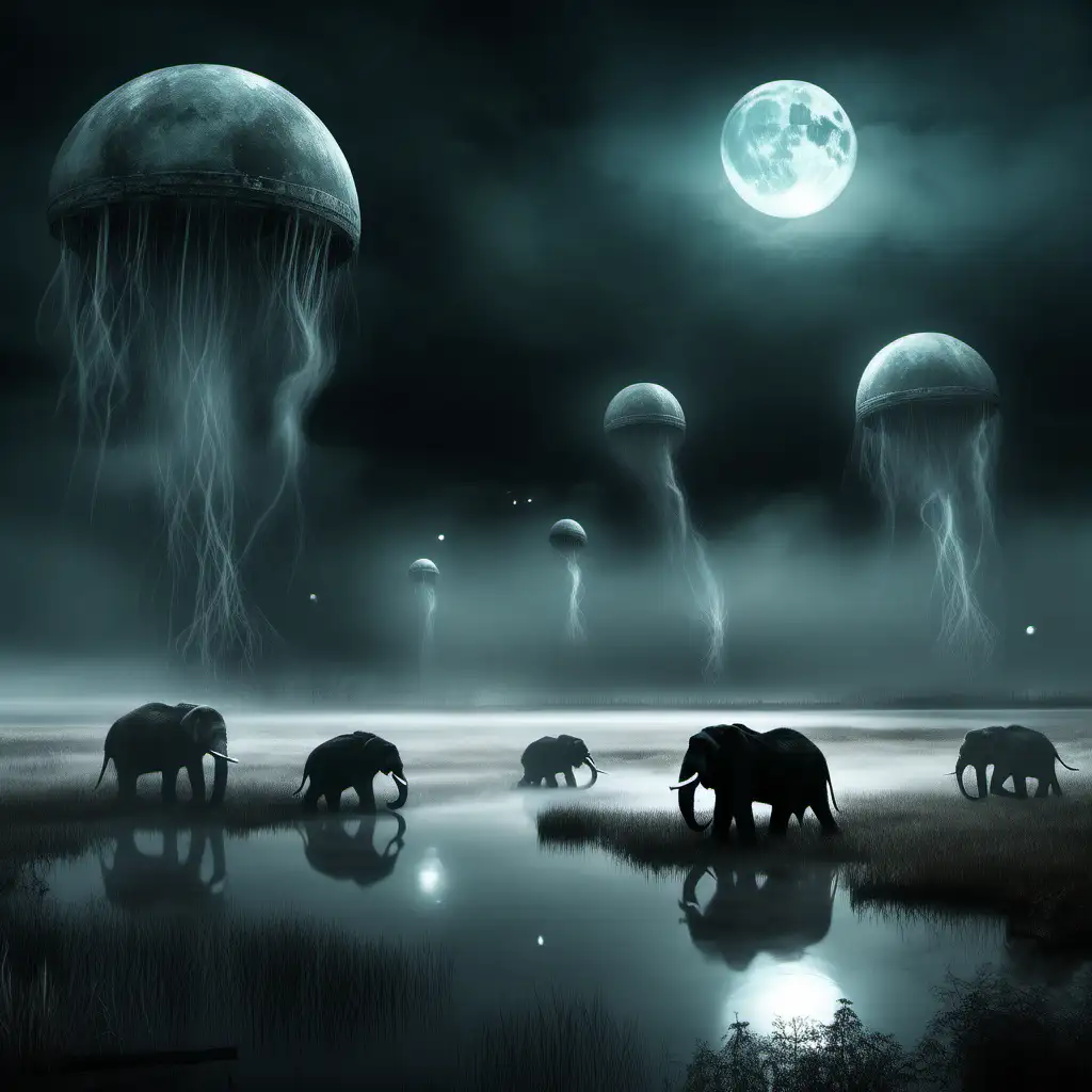 Mysterious Spherical UFOs Hovering over Dark Marshes with Ancient Mammoths in Moonlit Night