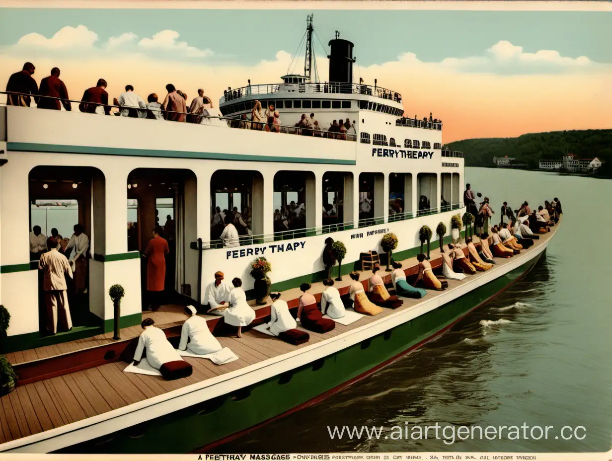 открытка, паром на реке, название "Паромотеропия", пассажирам делают массаж на палубе, спа- проуедуры, теплые оттенки, много людей, отдых
