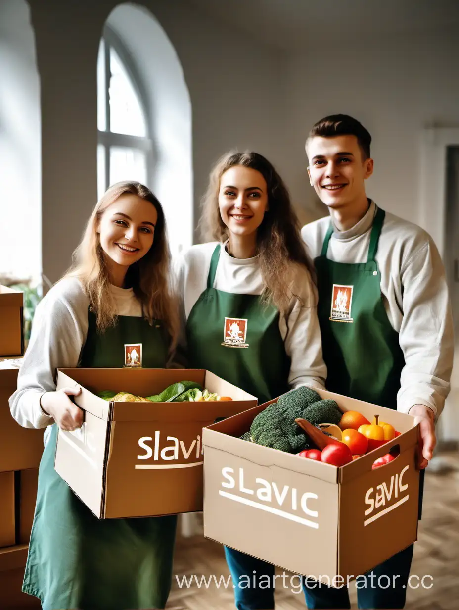 Slavic people volunteers, a man and two women holding food boxes and smiling, in a beautiful room, photographic style