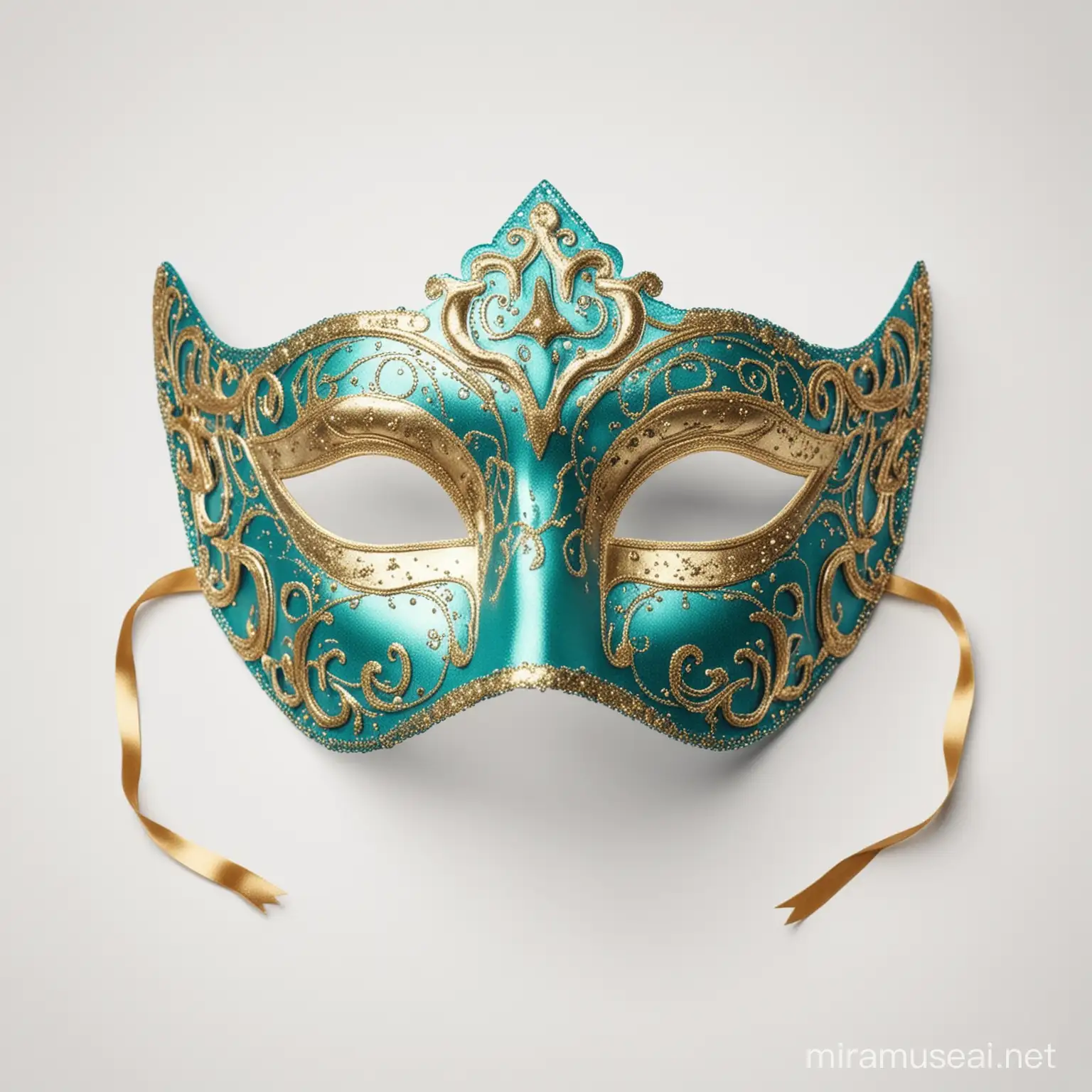 shimmering carnival mask in teal and gold on a white background
